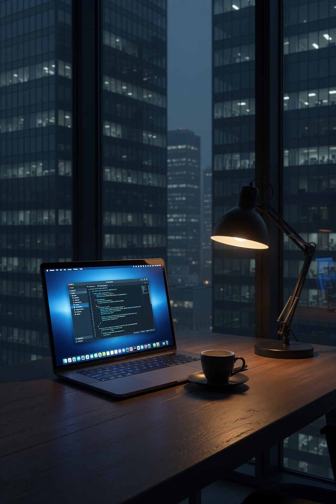 Bureau tard le soir, tours de verre dans la nuit
